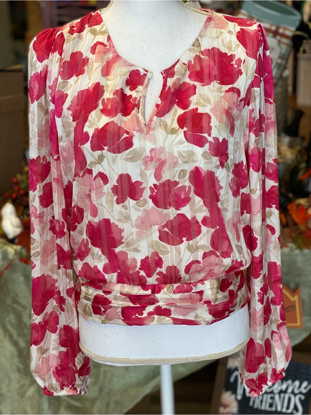 Women's Pink Floral Blouse with Cream Base
